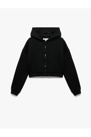 Koton Şardonlu Uzun Kollu Fermuarlı Kapüşonlu Oversize Sweatshirt Siyah 6wal10307ık Siyah