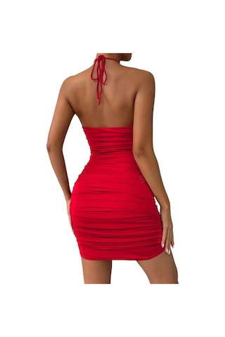 Gül Detaylı Göğüs Dekolteli Yanlardan Büzgülü Bodycon Elbise Kırmızı