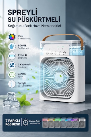 Spreyli Su Püskürtmeli Y Gözlü 3 Kademeli Soğutucu Fan Hava Nemlendirici Renkli Rgb 7 Renk Modu Zaman Ayarlı Masa Üstü Kullanım Taşınabilir Ev Ofis Gece Lambası