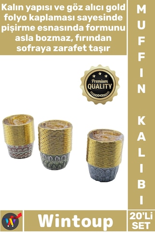 Muffin Şık Kaliteli Dayanıklı Kalın Pişirme Sunum Kabı Kağıt Gold Folyolu 20'li Muffin Kek Kapsülü Çok Renkli