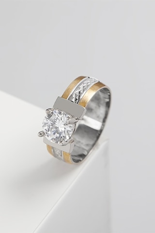 925 Ayar Gümüş Zirkon Taşlı Çift Renk Üç Sıra Bayan Alyans Yüzük -7964