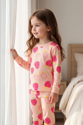 Zuzunga Kız Çocuk Strawberry - Çilek Desenli Uzun Kollu Pijama Takımı Pembe