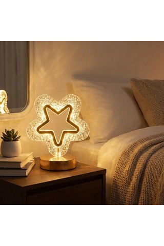 İçi Boş Yıldız Şeklinde Kristal Led Masa Lambası Dokunmatik, 3 Renk Işık Modlu, Şarjlı Mini Dekoratif Gece Lambası Beyaz