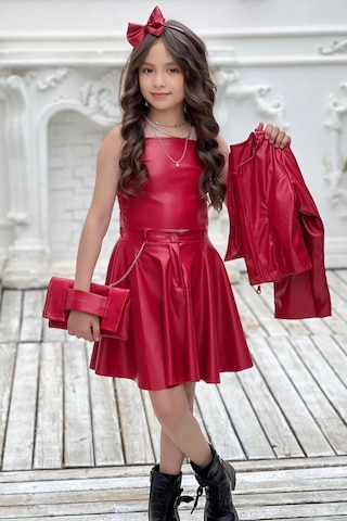 Riccotarz Kız Çocuk Zincir Detaylı Ceket Beli Manşetli Etek Ve Croplu Kırmızı Etekli Takım Kırmızı