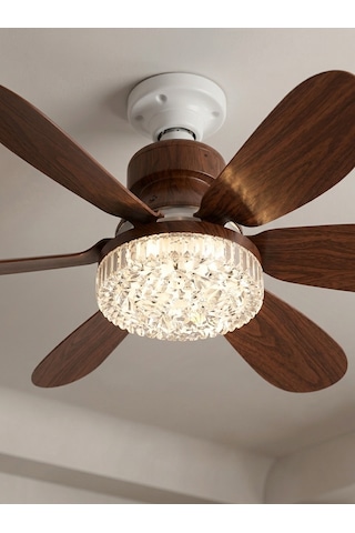 Crystal Aura 52 Cm Ultra Sessiz Ahşap Renk Led Tavan Vantilatörü 3 Kademeli Bakır Motor Kumandalı Kristal Avize Vantilatör