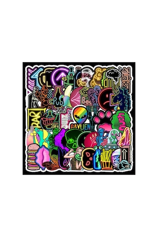 Cajuart 50 Adet Tekrarsız Neon Tarz Pvc Sticker Süs 010
