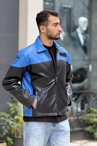 Rocqerx X-2024 Nakış Detaylı İçi Kapitoneli Deri Mont Mavi