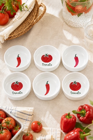 6 Lı Domates Ve Biber Desenli Seramik Çerezlik Seti 10 Cm Kahvaltılık Sosluk Reçellik Kase Takımı Beyaz