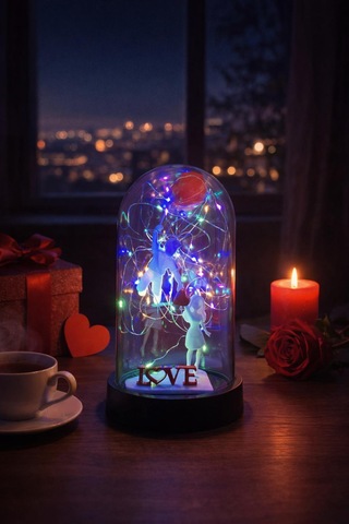 Fanus İçinde Çift Figürlü Love Yazılı Peri Led Dekoratif Sevgili, Yıl Dönümü, Doğum Günü Hediyesi Beyaz Kırmızı