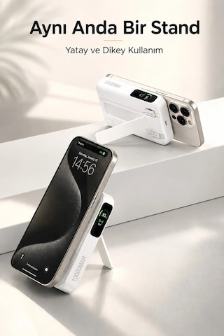 Diğer - Beyaz - Kablosuz Magsafe Powerbank 10000 Mah 20w Hızlı Şarj 15w Standlı Apple iPhone Uyumlu 12-13-14-15-16-17