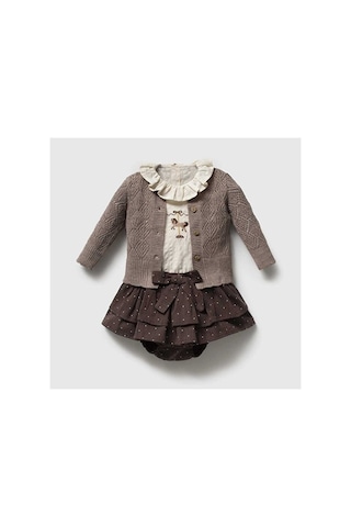 Ministok Charlotte Carousel Nakışlı Triko Hırka, Blüz, Şortlu 3'lü Kız Beb Kahverengi
