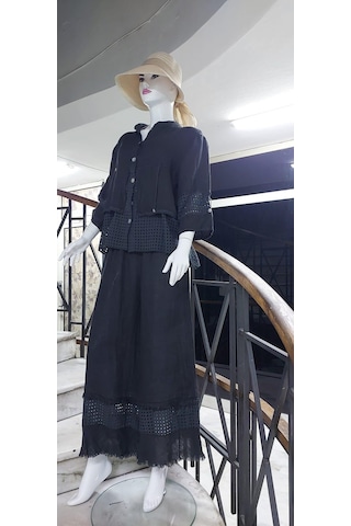 Bohem Stil İtalyan Fisto Detaylı Keten Pantolon Ceket Takım-9196 Antrasit