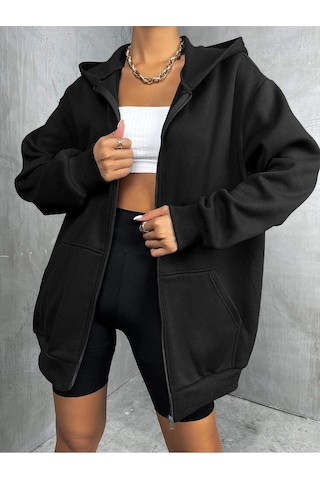 Adrift Unisex Renkli Oversize Kapüşonlu Fermuarlı Hırka Siyah