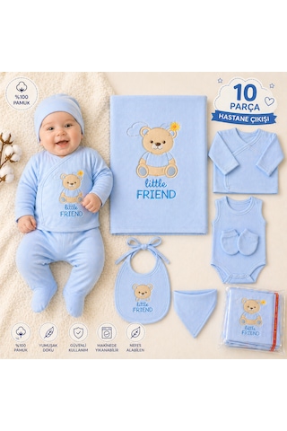 Petino Little Friend 10 Parça Yenidoğan Erkek Bebek Hastane Çıkış Seti %100 Pamuk Mavi Ayıcıklı Battaniyeli Premium Set Bebe Mavisi