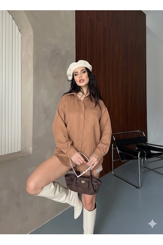 Ribana Classic Kadın Oversize Süet Büyük Beden Uzun Kollu Düğmeli Tek Cepli Gömlek 4962 Kahverengi