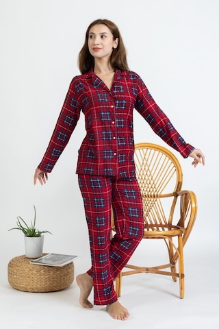 Yeni Sezon Düğmeli Ekose Desen Kırmızı Süet Kadın Pijama Takımı 5503-kırmızı Kırmızı