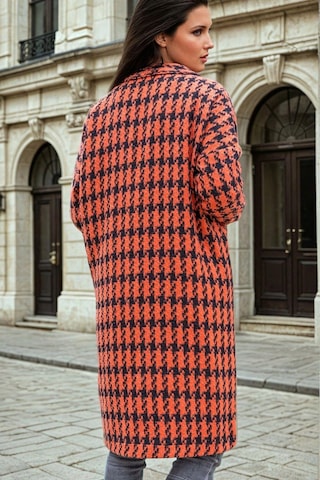 Turuncu Kaz Ayağı Desenli, Cep Detaylı, Uzun Kaban Turuncu