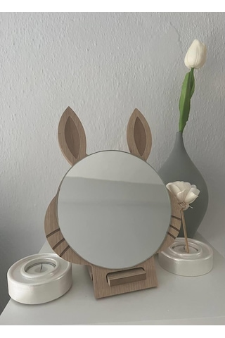 Masaüstü Kahverengi Renk Hediyelik Dekoratif Makyaj Aynasi,Tavşan Beyaz