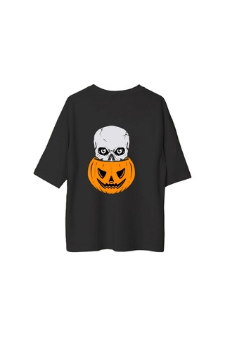 Paybuy Kabak Kurukafa Halloween Sanatı Baskılı Kadın Oversize Tişört Siyah