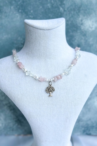 Pembe Kuvars Ve Kristal Kuvars Hayat Ağacı Doğaltaş Kolye Standart