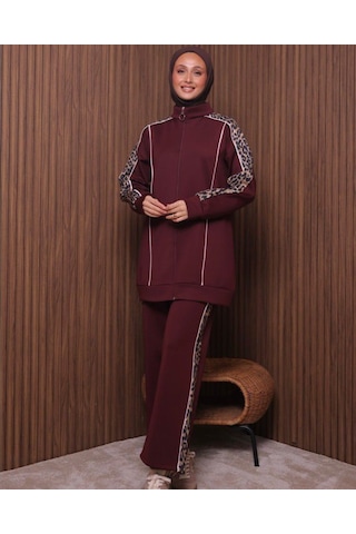 Günlük Moda Kadın Tesettür Eşofman Takımı 2 Li Leopar Detaylı Bordo