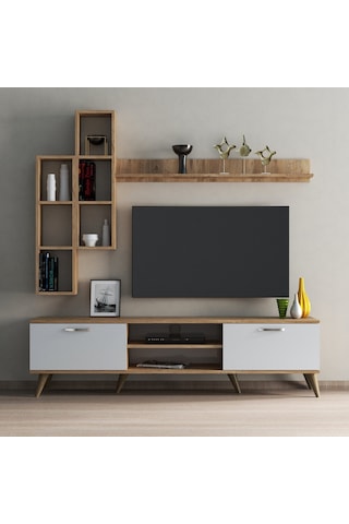 Mega 180 Lik Kitaplıklı Raflı Tv Ünitesi Çam-Beyaz - Tvu0303