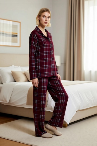 Benerly Kadın Büyük Beden Gömlek Yaka Uzun Kol Ekose Polar Pijama Takımı bordo