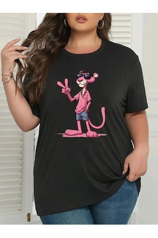 Wear Vexel Kadın Tişört Pembe Panter Baskılı Bisiklet Yaka Kısa Kol T-shirt - Beyaz Çok Renkli