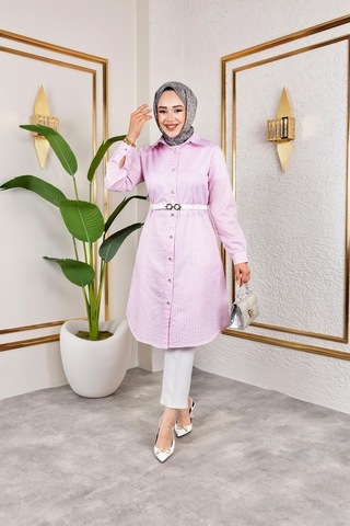 Harman Butik Kemerli Çizgili Keten Gömlek Pembe Pembe