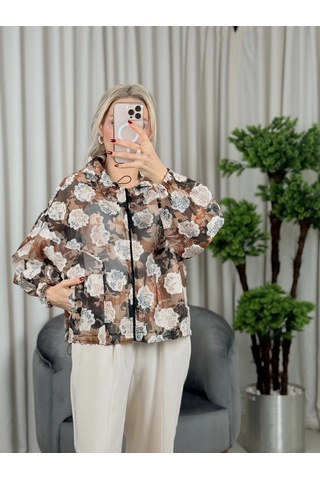 On Fashion Kapüşonlu Desenli Fermuarlı Kadın Kahverengi İnce Mont 52704 Kahverengi