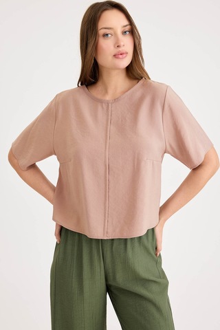 Vitrin Yuvarlak Yaka Kısa Kol Crop Bluz CAMEL