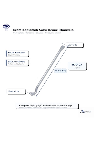 Krom Kaplamalı Sökü Demiri 45cm 60 Cm 75 Cm Kancalı Manivela Levye 3 Lü Set