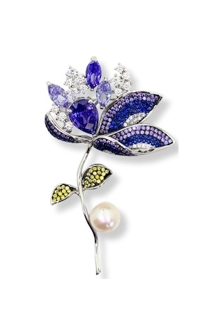 Oya Silver İri Ametist Safir Zirkon Taşlı İnci Detaylı Gümüş Çiçek Broş Yaka İğnesi 7x4.2cm F74206mq517 Lacivert