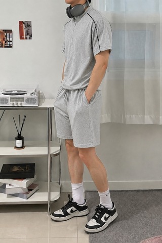 Cool Tarz Erkek Yarım Fermuarlı Şerit Detaylı Şort Takım Regular Fit 2 İplik Şardonsuz Gri Gri