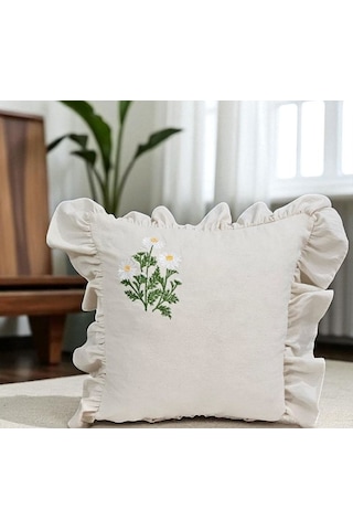 Yıkanmış Keten Papatya Nakıslı Fırfırlı Kırlent Kılıfı Beyaz