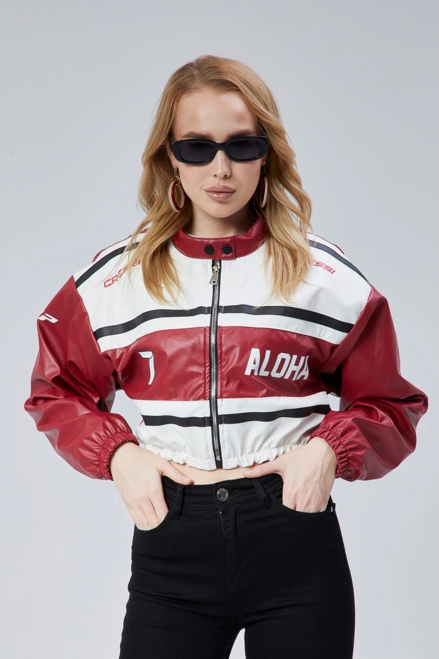 Kadın Deri Baskılı Şeritli Ceket Beli Ve Kolu Lastikli Kolej Hakim Yaka Bomber Yarışçı Motorcu Mont Kırmızı