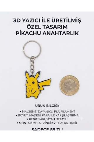 3d Yazıcı İle Üretilmiş Özel Tasarım Pikachu Anahtarlık Sarı - Siyah
