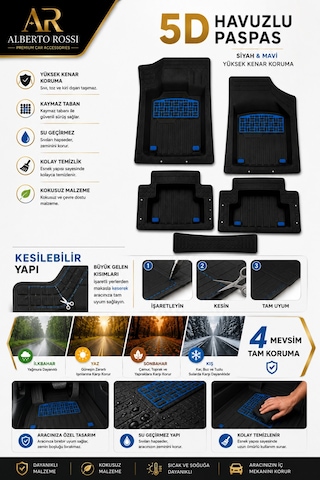 Renault Kangoo Express 2000-2010 Model Uyumlu Enerji Mavi 5d Havuzlu Paspas Yumuşak Kaymaz Taban