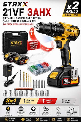 Staxx X2akülü Darbeli Şarjlı Matkap Vidalama 3in1 Function Metal Şanzıman 240 Parça Dübel Çantalı