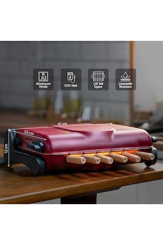 Ab670 1200w Kırmızı Elektrikli Izgara, Kokusuz & Dumansız Mangal, Barbekü, 6 Adet Krom-nikel Kaplama Şiş