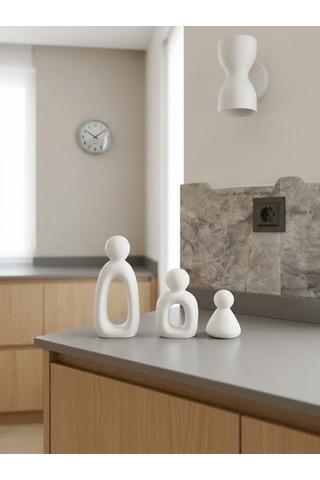 Kaveld Aura Family Minimalist Dekoratif Heykel 3'lü Set El Yapımı Modern Biblo Mermer Tozu & Çimento Kompozit Premium Salon Ve Ofis Dekoru Beyaz