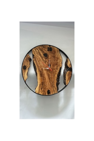 Niş Tasarım 48 Cm El Yapımı Doğal Zeytin Ağacı Epoksi Detaylı Dekoratif Duvar Saati Modern & Artizan Tasarım Kahverengi