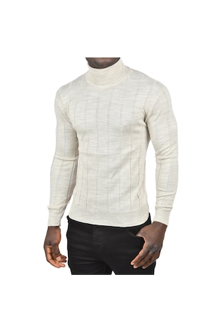 Deepsea Erkek Bej Slim Fit Likralı Tam Balıkçı Yaka Çizgili Boğazlı Kazak 2505504 Bej