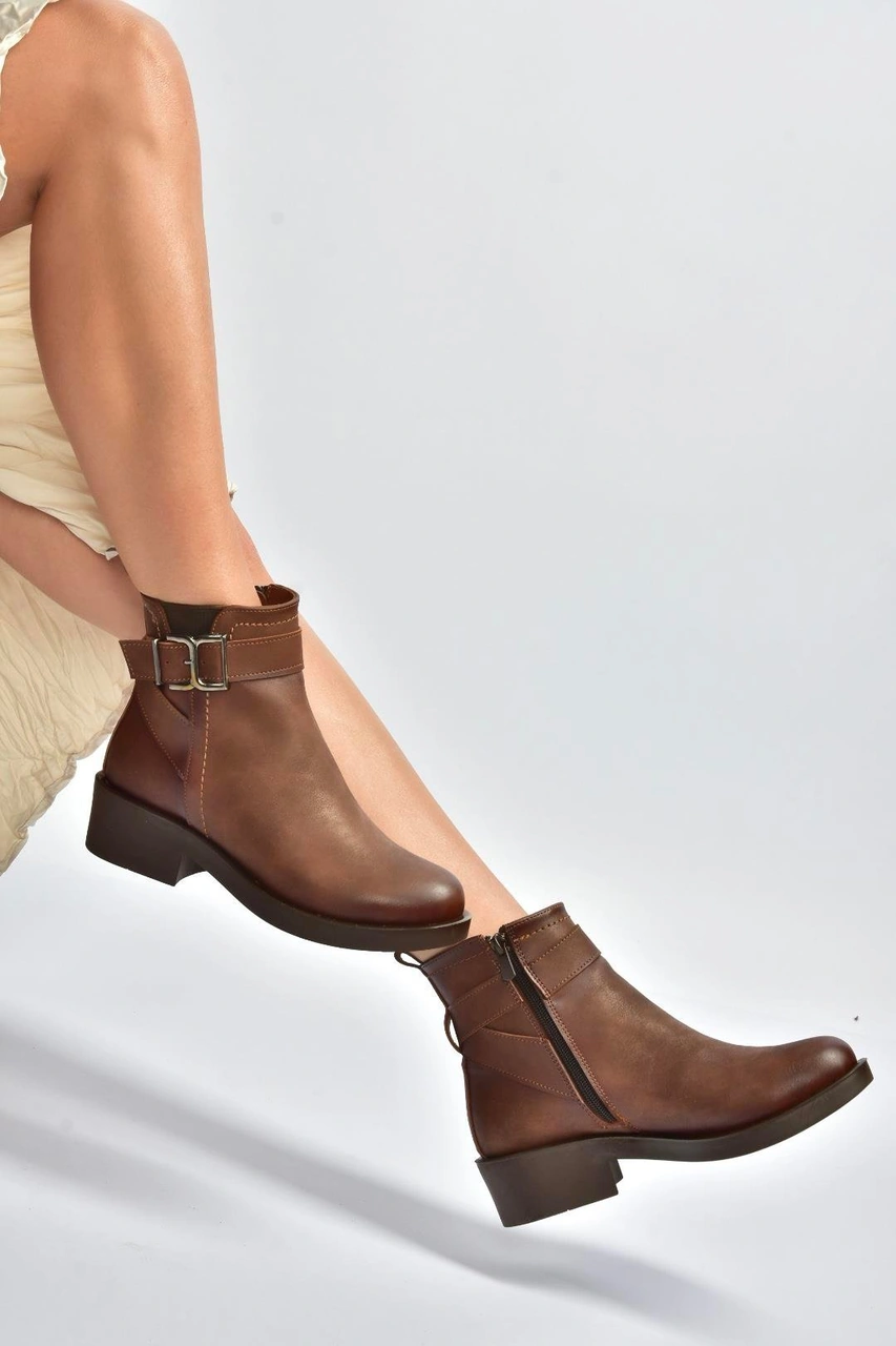 Fox Shoes V674121109 Taba Alçak Topuklu Kadın Bot Taba-Suni Deri