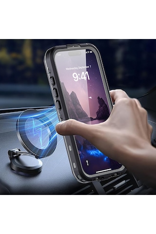 Apple Uyumlu iPhone 17 Kılıf 360 Koruma Su Geçirmez Toz Geçirmez Tam Koruma Magsafe Wireless Kapak Su Siyah