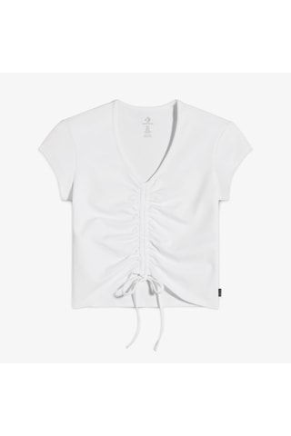 Converse Classic Kadın Slim Fit V Yaka Büzgülü Beyaz T-shirt