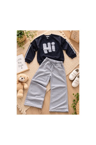 Uğur Bebe Kız Çocuk Eşofman Takımı %100 Pamuk 3 İplik Şardonsuz Siyah Gri Baskılı Sweatshirt Bol Paça Siyah Gri Siyah Gri