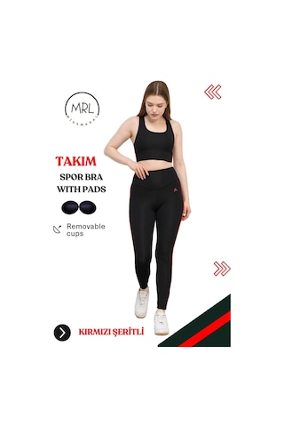 Missmaral Kadın Spor Takım Yüksek Bel Tayt Pedli Büstiyer Sport Team High Waist Padded Bustier Black 3044 Siyah Kırmızı