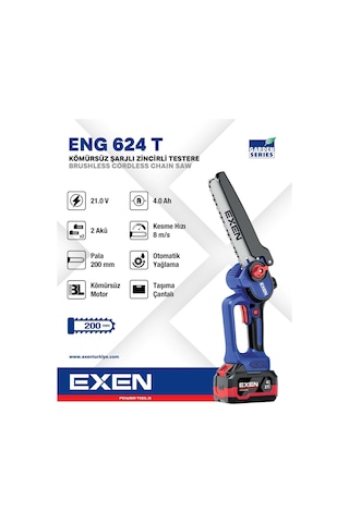 Exen ENG 624 T 21V 2x4AH Çift Akü 200 MM Kömürsüz Şarjlı Zincirli Testere Exen ENG 624 T 21V 2x4AH Çift Akü 200 MM Kömürsüz Şarjlı Zincirli Testere