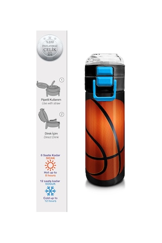 Coral High Kids Siyah Basketbol Desenli Pipetli Ve Direkt İçim Çelik Termos 500 Ml 31795 Siyah